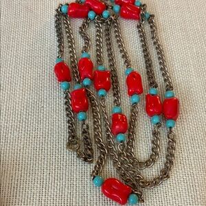 Vintage Red and Turquoise Beaded gold tone chain Necklace